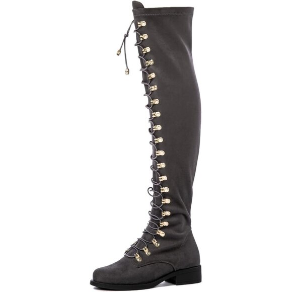Women's Grey Faux Leather Side Zipper Over The Knee Thigh High Tall Boots - Picture 1 of 8